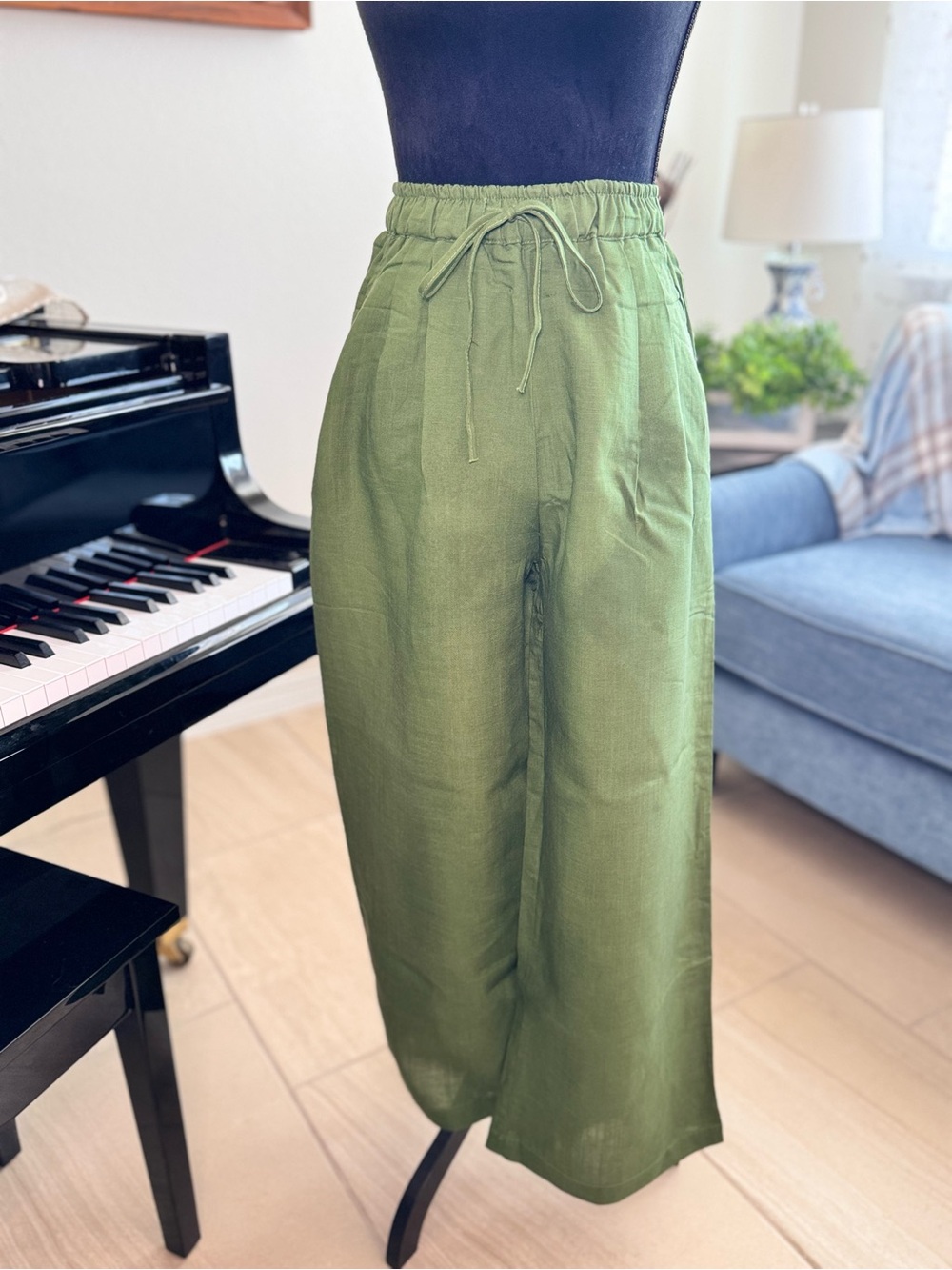 Women's Olive Green Wide-Leg Linen Blend Drawstring Pants